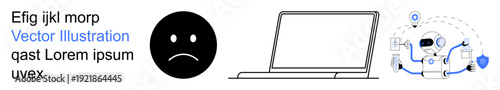 Emotional expression, remote work, AI technology, cybersecurity, digital interaction, innovation. A sad face emotion, a laptop outline and a robot concept with a shield. Emotional expression and AI