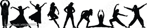 Dancing People Silhouettes Collection, Energetic Men and Women Dance Poses, Party Celebration, Hip Hop Ballet Contemporary Performance Vector Illustration