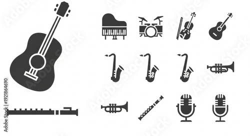 Collection of musical instruments and audio equipment icons.