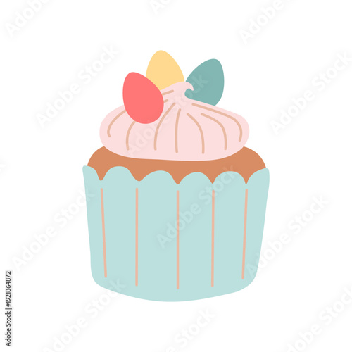 Delicious Easter cupcake decorated with small painted eggs. Flat vector illustration of a festive dessert.
