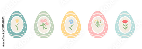 Decorative colorful Easter eggs, gracefully decorated with flowers, line and dots. Holiday vector illustration in flat style.