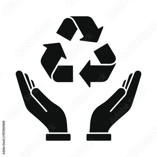 Black silhouette of hands holding recycling symbol on isolated, ui elements