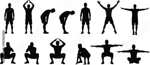 Fitness exercise silhouettes collection, workout training poses, squats stretching jumping, athletic man movements, healthy lifestyle, strength training, bodyweight exercise, isolated set