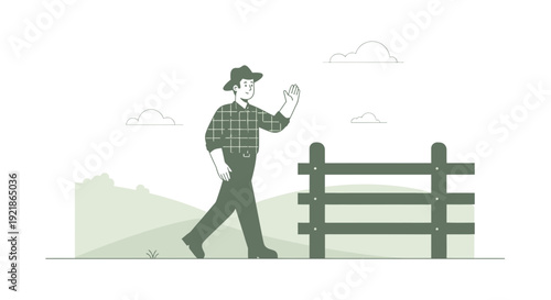 Friendly Farmer Waves Hello By A Rustic Fence Under A Cloudy Sky