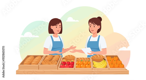 Friendly Vendors Display Fresh Produce and Baked Goods In A Cozy Marketplace Setting