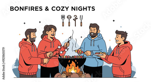 Friends Enjoying A Bonfire And Roasting Marshmallows Together Outdoors