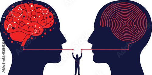 Human communication concept illustration, brain connection between minds, psychology idea sharing, mental process, neural network, cognitive thinking, teamwork, vector design