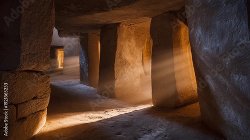 Ancient stone corridor illuminated by soft sunlight in historic site