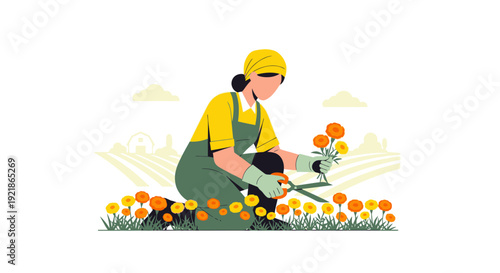 Gardener Cultivating Vibrant Marigolds in a Sunlit Field