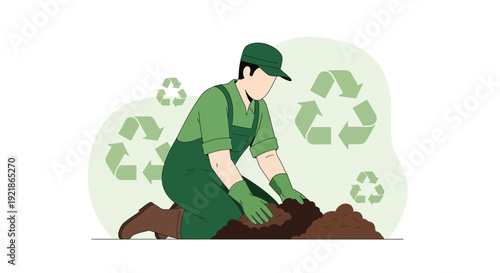 Gardener Cultivating Soil Amidst Recycling Symbols