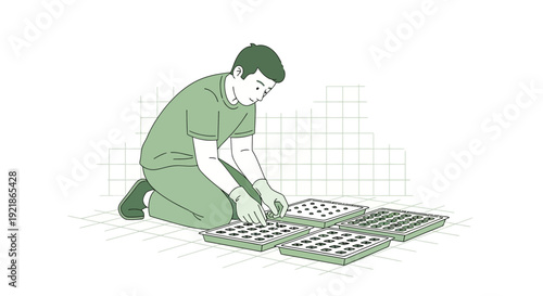 Gardener Planting Seedlings In Trays For Growth