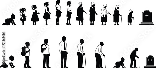 Human Life Cycle Silhouettes Illustration, Woman and Man Aging Process, From Baby to Elderly, Birth Growth Death Concept Vector