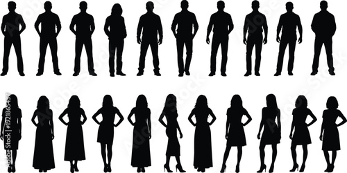 Men and women silhouettes collection, standing people set, male female figures, diverse poses, human body shapes, isolated characters, fashion stance