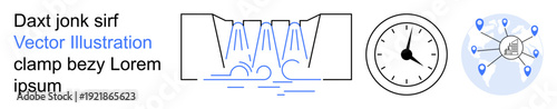 Energy generation, water management, time concepts, engineering, digital networks, technology. Diagram includes water dam, clock and tech network design. Energy management and water systems concept