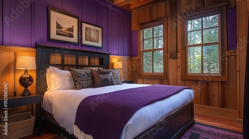 A luxurious contemporary bedroom featuring a plush queen-size bed, rich lavender walls, and natural wooden paneling, offering a cozy ambiance.