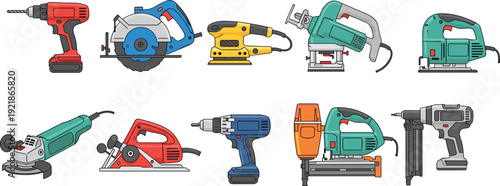 Power tools collection, electric drill circular saw sander jigsaw grinder nail gun, construction equipment, carpentry workshop, handyman tools, isolated vector illustration set