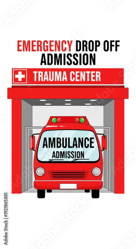 Hospital Emergency Entrance Illustration Depicting Ambulance Arrival and Trauma Center Admission