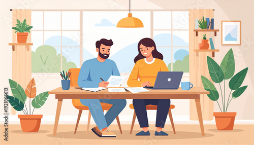 Two professionals collaborating on a laptop in a cozy home office setting. isolated on transparent background