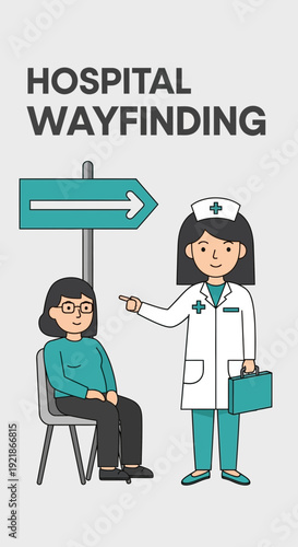 Hospital Wayfinding Illustration Depicting Guidance and Assistance for Patients and Visitors