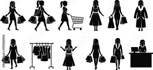Women shopping silhouettes collection, fashion boutique customer with bags and cart, retail store icons set, isolated vector illustration