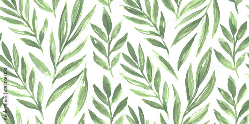 Seamless pattern of green watercolor leaves on a white background, delicate botanical illustration for natural design