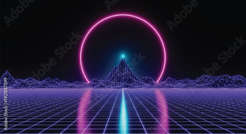 Neon retro-futuristic landscape with grid lines on the ground, a central mountain, and a glowing pink sun in a starry sky, creating a nostalgic ambiance.
