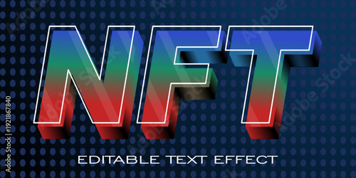 Modern glowing NFT text effect with digital grid background. Vibrant 3D typography template for cryptocurrency branding, gaming design, cyberpunk posters, and tech advertising.
