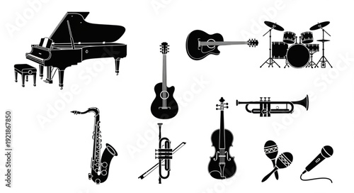 Collection of musical instruments silhouette isolated on white background.