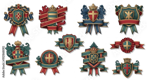 Collection of eight ornate heraldic crests with ribbons and crowns.