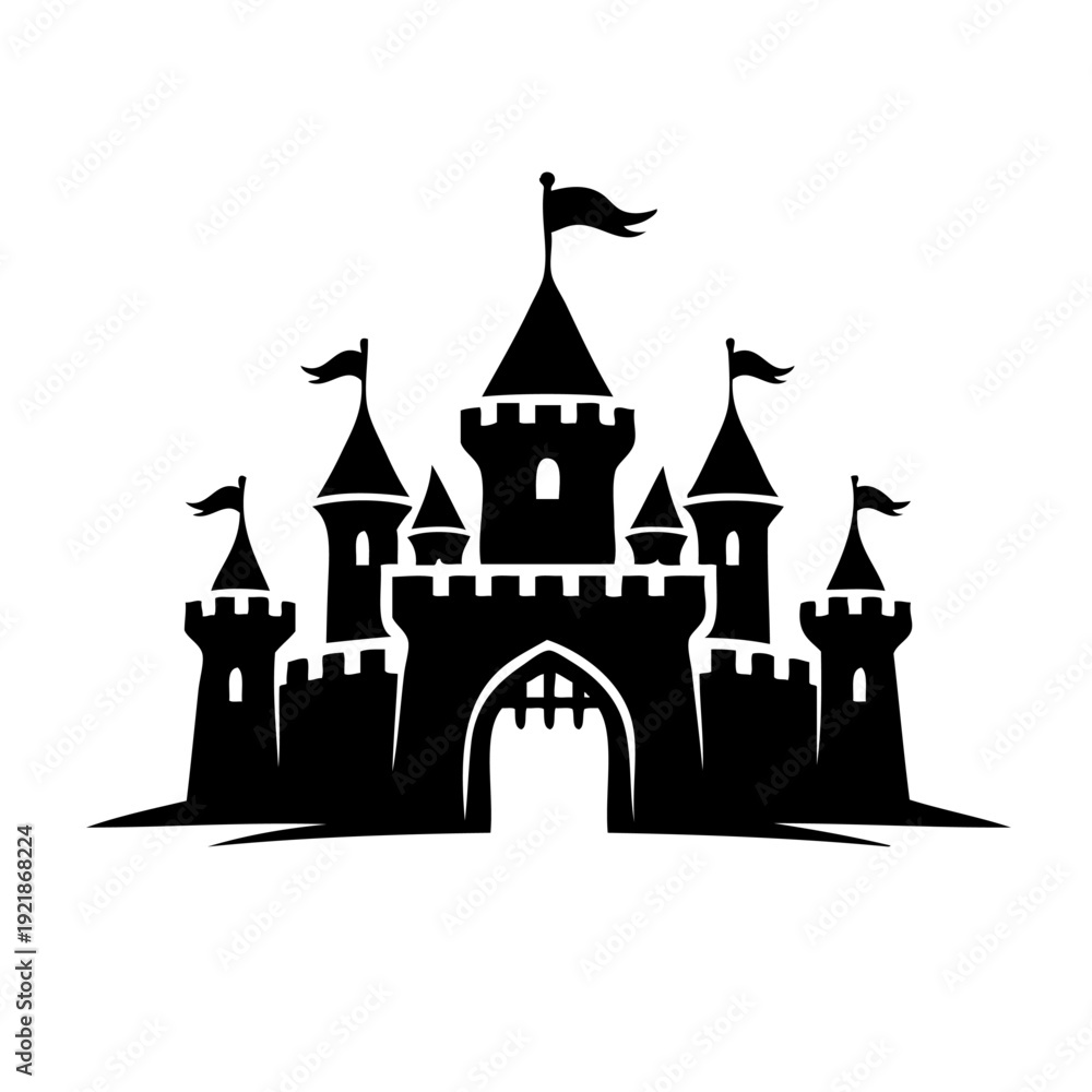 Fototapeta premium A majestic black and white illustration of a castle with towers and a flag