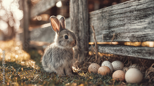 Cute baby bunny sits near a collection of speckled eggs in a grassy farmyard setting.