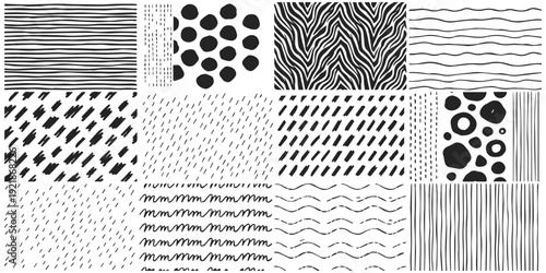 Collection of diverse abstract black and white hand-drawn patterns and textures for creative design backgrounds