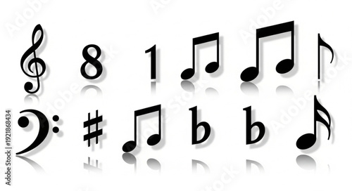 Collection of Musical Notes and Symbols on White Background.