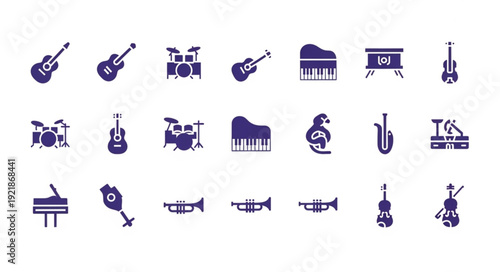 Collection of musical instrument icons in purple silhouette.