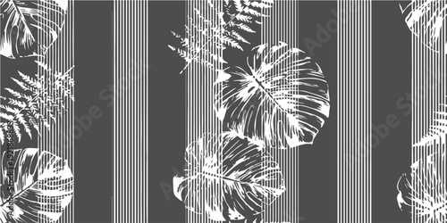 Monochrome abstract tropical leaf pattern overlaying vertical stripes for a modern, minimalist, and elegant seamless background design