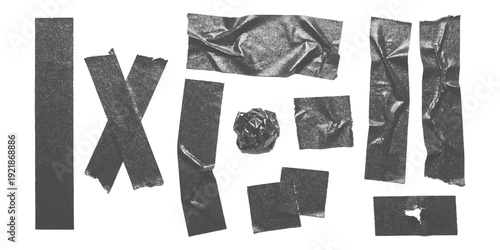 Collection of crumpled and torn black duct tape pieces and strips scattered on a white background, realistic vector illustration