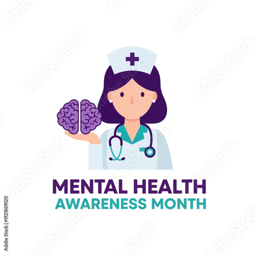 Illustration Depicting a Nurse Holding a Brain Symbolizing Mental Health Awareness