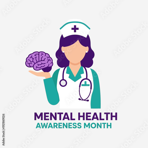 Illustration Depicting a Nurse Holding a Brain Symbolizing Mental Health Awareness