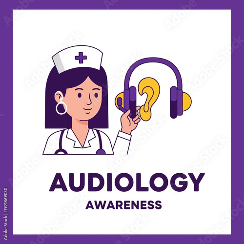 Illustration Depicting Audiology Awareness Featuring Nurse Holding Hearing Device And Ear Graphic