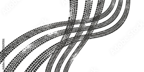 Black tire tracks forming abstract curved lines and patterns on a white background, dynamic automotive graphic