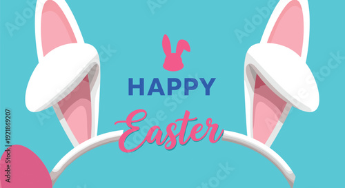 Happy Easter horizontal banner featuring pink and white bunny ears headband on a blue background for holiday celebration and marketing, cad drawing flat vector illustration