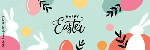Happy Easter horizontal banner featuring white jumping rabbits, colorful speckled eggs, and black leaves for spring holiday celebration greeting card,
