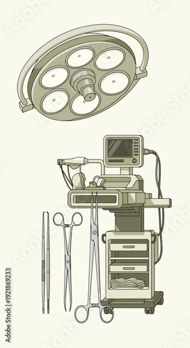 Illustration Of Surgical Equipment, Medical Tools, And Overhead Lamp For Healthcare Operations