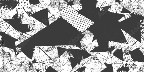Abstract grunge geometric pattern with scattered triangles and halftone dots in dark gray and white monochrome vector illustration