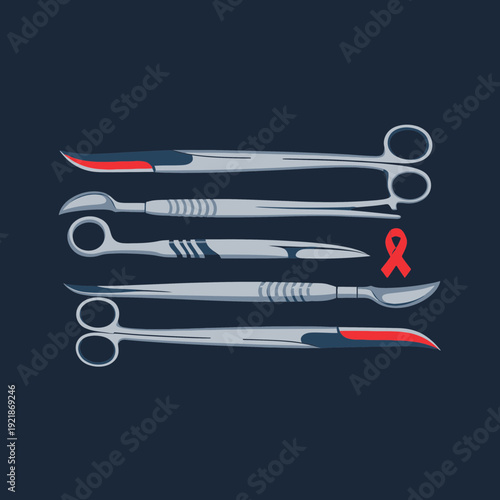 Illustration Of Surgical Instruments And AIDS Awareness Ribbon on Dark Blue Background