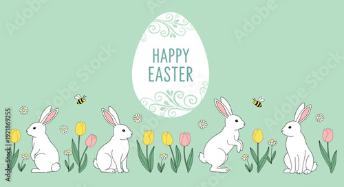 Happy Easter horizontal banner featuring white rabbits in a spring garden with tulips, daisies, bees, and a decorative egg, cad drawing flat vector illustration