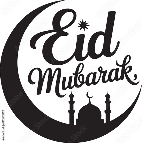 Eid mubarak vector lettering with floral flourish and decorative scroll elements