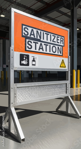 Industrial Sanitation Sign: Portable Hand Sanitizer Station Promotes Workplace Cleanliness and