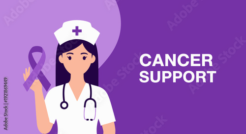 Illustration Of A Nurse With Purple Ribbon and Cancer Support Message