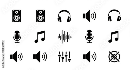 Collection of audio and music icons in black and white.